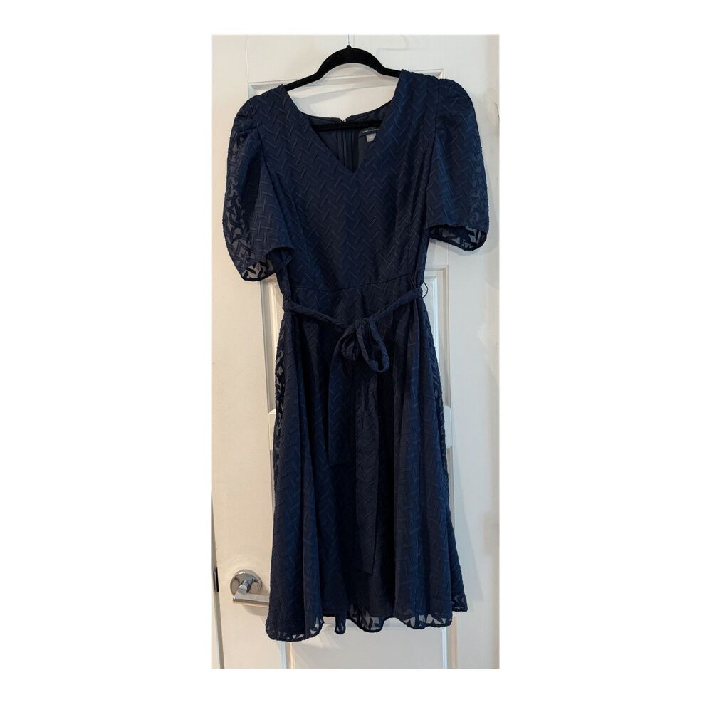 Tommy Hilfiger Women's Navy Blue Textured Fit & Flare Dress Belted Geometric 6